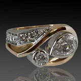 Bague vintage en zircone, or et argent, de forme irrégulière