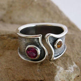 Bague vintage en argent avec cristal rouge et orange