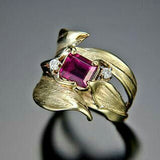 Bague vintage irrégulière en cristal rouge et feuilles ondulées