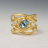 Bague vintage en verre bleu superposé et or