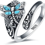 Bague cuillère en argent sterling et turquoise – Bague vintage bohème avec libellule