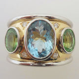 Bague vintage bleue et verte en or et argent