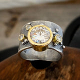 Bague vintage en argent forgé et zircone dorée