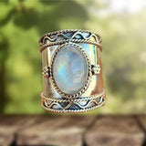 Bague large en pierre de lune bohème