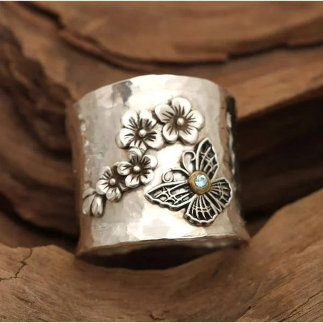 Bague large bande abeille fleur papillon
