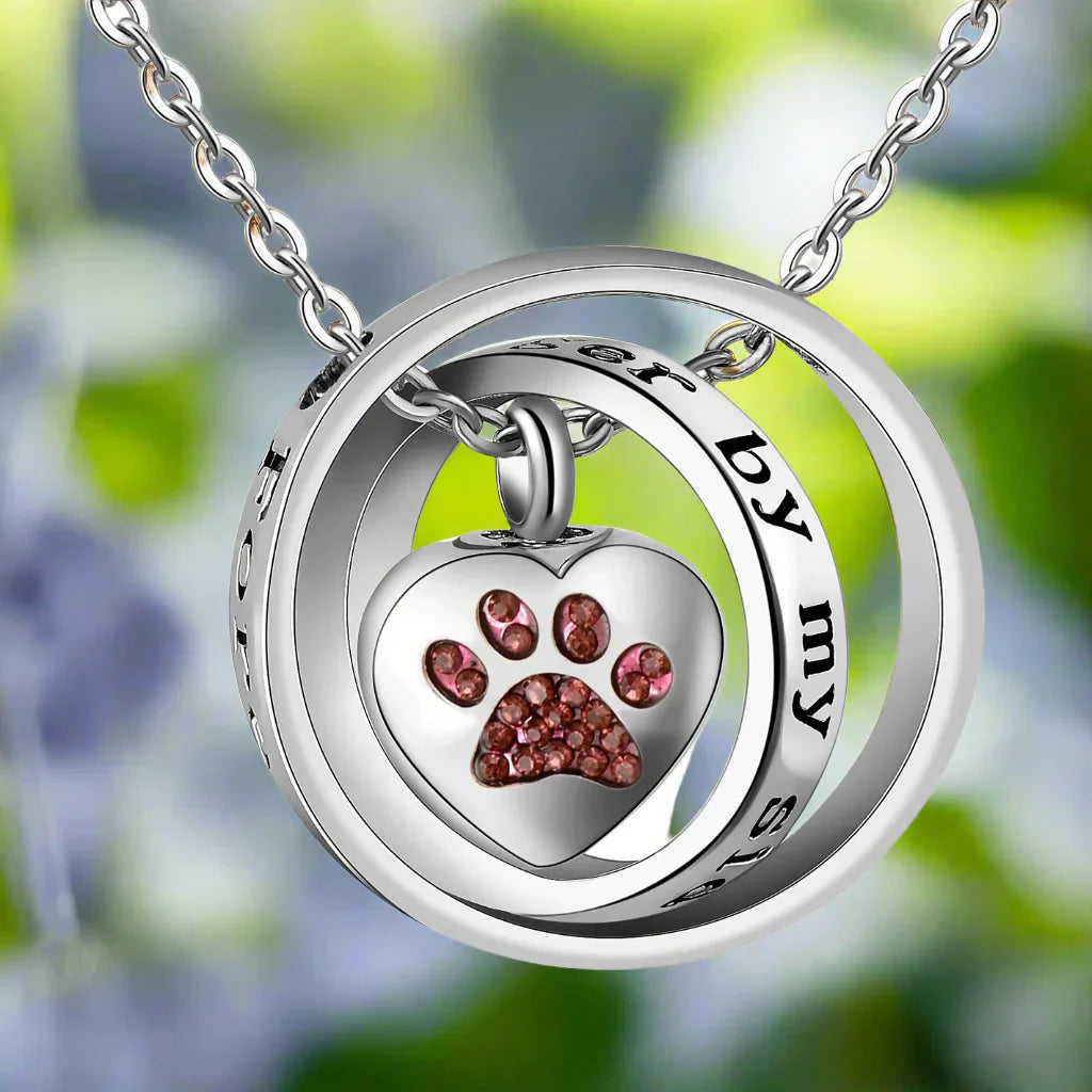 « Plus à mes côtés, mais pour toujours dans mon cœur » – Collier avec urne en acier inoxydable et pendentif en forme de patte
