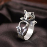 Bague Réglable en Argent Sterling 925 avec Chat Peint à la Main