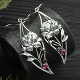 Boucles d'Oreilles Boho Floral avec Zircon Rouge en Argent
