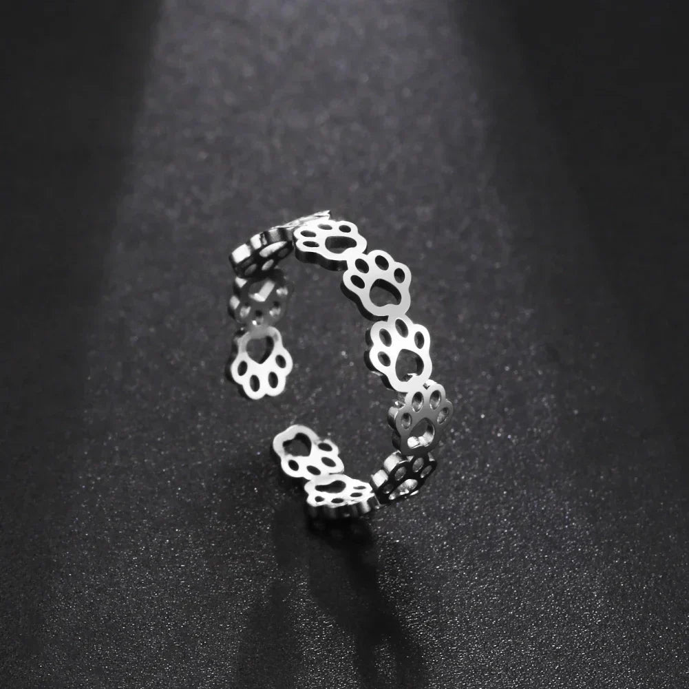 Bague ajustable avec empreinte de patte – En acier inoxydable