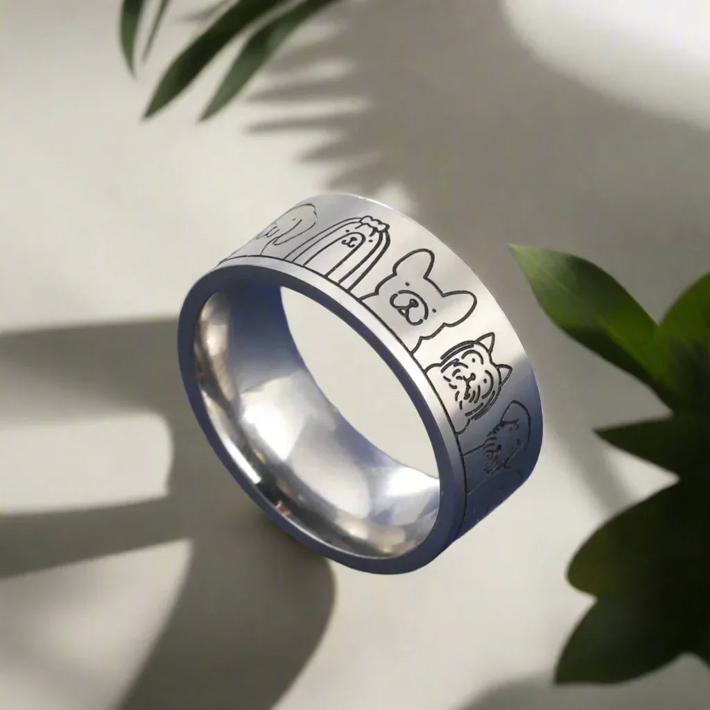 Large bague chien en acier inoxydable – Motif gravé pour femmes