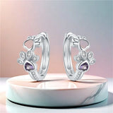 Boucles d'oreilles Paw Huggie en argent sterling 925 – Avec zircone et gemme en forme de cœur
