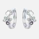 Boucles d'oreilles Paw Huggie en argent sterling 925 – Avec zircone et gemme en forme de cœur