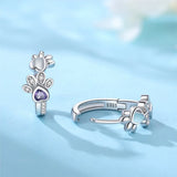 Boucles d'oreilles Paw Huggie en argent sterling 925 – Avec zircone et gemme en forme de cœur