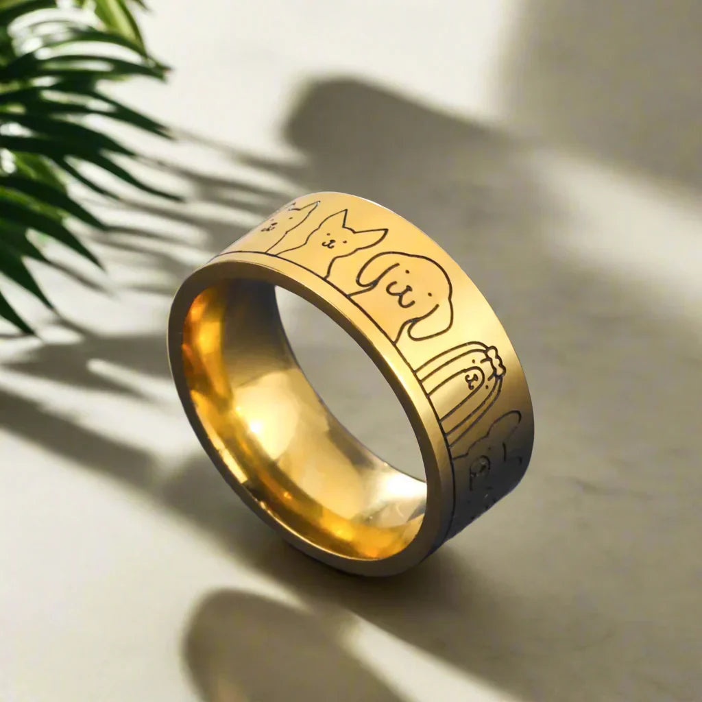 Large bague chien en acier inoxydable – Motif gravé pour femmes