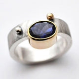 Bague vintage en verre bleu, argent et or