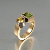 Bague vintage en verre vert et orange et or