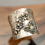 Bague large bande abeille fleur papillon