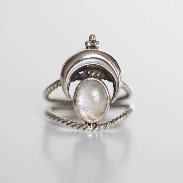Bague ovale en pierre de lune arc-en-ciel avec phases de lune