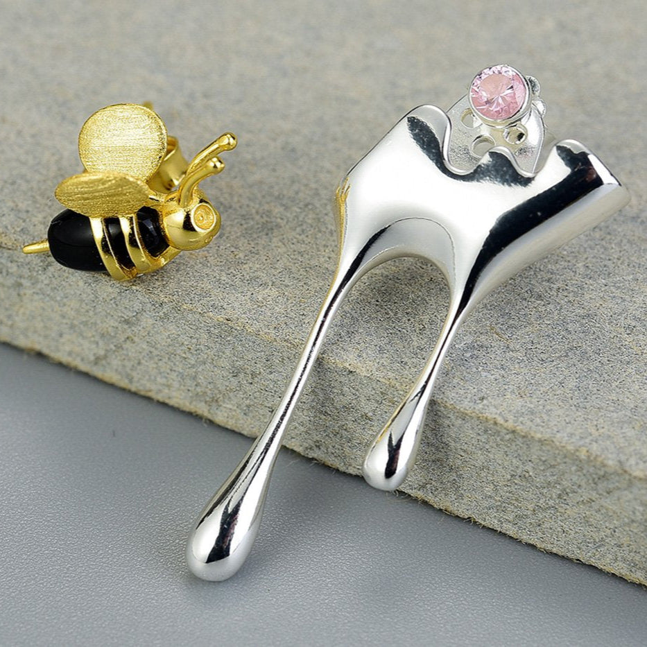 Boucles d'oreilles « Miel coulant et abeille » avec zircone