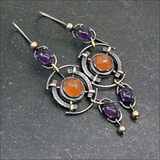 Boucles d'oreilles vintage en argent avec cristaux violets et orange
