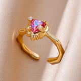 Bague cœur en cristal rouge doré