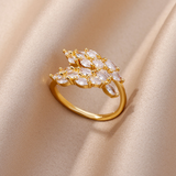Bague double feuille en zircone dorée