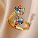 Bague fleur zircone colorée dorée