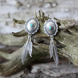 Boucles d'oreilles vintage en turquoise et plumes