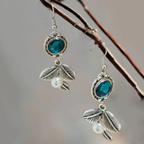 Boucles d'oreilles vintage en cristal bleu et perles en forme de feuille
