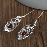 Boucles d'oreilles vintage en argent et zircone rouge en forme de feuille