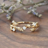 Bague vintage en or et zircone en forme de feuille