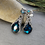 Boucles d'oreilles vintage en argent avec pendentifs en cristal bleu