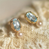 Boucles d'oreilles vintage en cristal bleu et perles dorées