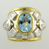 Bague vintage en verre incrusté bleu, or et argent