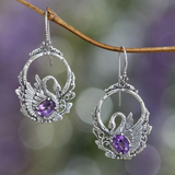 Boucles d'oreilles vintage en argent avec cristal violet et cygne