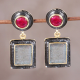 Boucles d'oreilles vintage carrées en pierre rouge