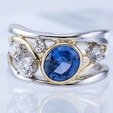 Bague vintage en verre bleu, or et argent avec zircone