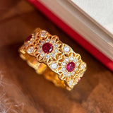 Bague ajustable classique en or et micro-incrustation rubis tournesol