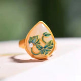 Bague ajustable classique en or, jade, lotus aquatique et perle