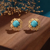 Boucles d'oreilles rétro en or rond avec pierre précieuse turquoise et motif floral
