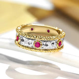 Bague vintage en or et argent avec pierre précieuse rouge