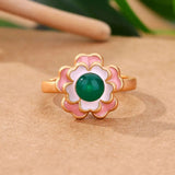 Bague ajustable rétro florale en or avec pierre verte et fleur rose