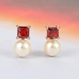 Boucles d'oreilles rétro classiques avec pierre rouge et perle en or rose
