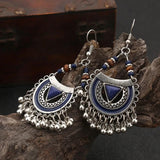 Boucles d'oreilles vintage bleues tribales en argent avec pompons