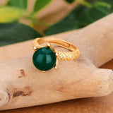 Bague ajustable vintage en or avec perle verte naturelle et couronne