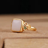 Bague ajustable vintage en or carré avec pierre blanche et motif floral