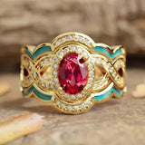 Bague vintage en or avec pierre précieuse rouge et cristal