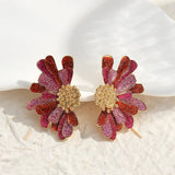 Boucles d'oreilles vintage en or avec fleurs roses et rouges pailletées