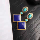 Boucles d'oreilles pendantes rétro en or et lapis-lazuli bleu carré