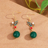 Boucles d'oreilles pendantes rétro en or, perles vertes et perles rouges
